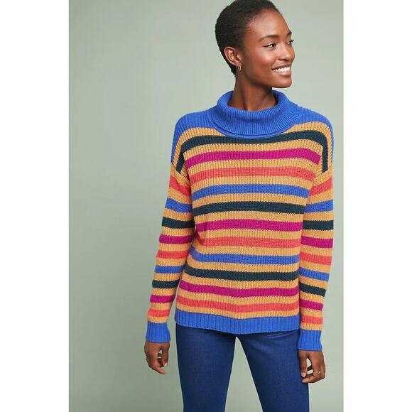 Anthropologie ABYI Cashmere Wool Turtleneck Sweater S Gold Blue Striped Preppy - Picture 1 of 11